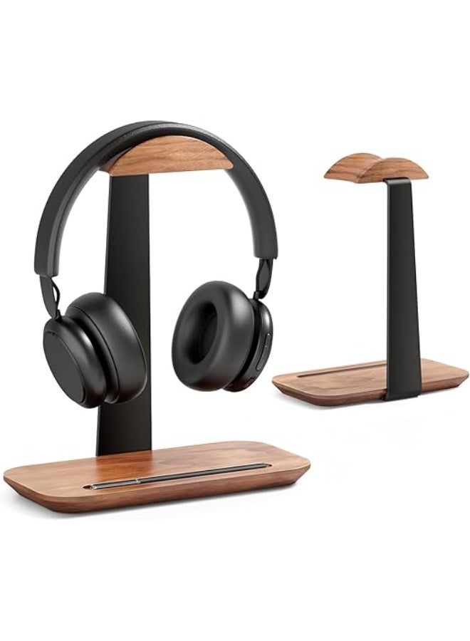 Wood Headphone Stand with Phone Holder – Universal Headset Stand for Desk with Solid Storage Base – Stylish Organizer for Wireless, Bluetooth, Gaming, Audiophile & Kids Headphones - Image 1
