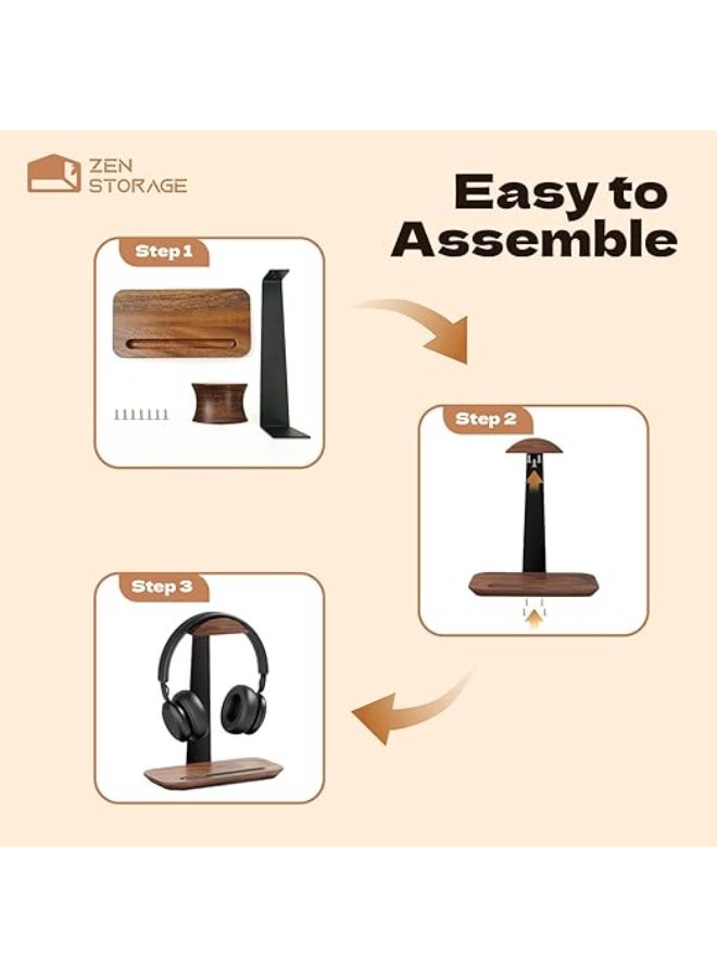 Wood Headphone Stand with Phone Holder – Universal Headset Stand for Desk with Solid Storage Base – Stylish Organizer for Wireless, Bluetooth, Gaming, Audiophile & Kids Headphones - Image 5