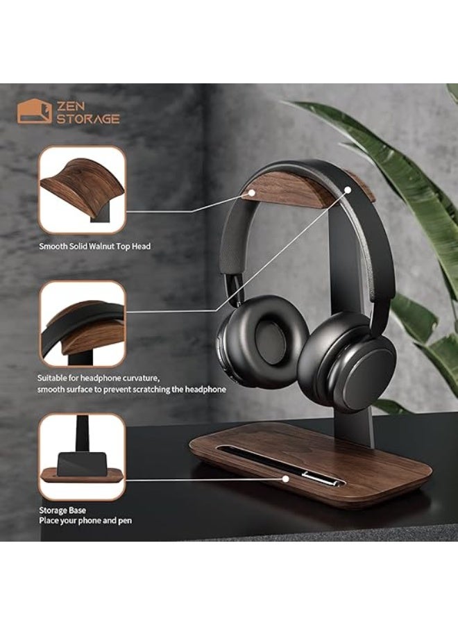 Wood Headphone Stand with Phone Holder – Universal Headset Stand for Desk with Solid Storage Base – Stylish Organizer for Wireless, Bluetooth, Gaming, Audiophile & Kids Headphones - Image 3