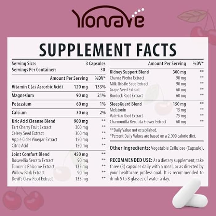 Yonrave Uric Acid Cleanse & Detox with Tart Cherry, Celery Seed Uric Acid Supplement – Uric Acid Levels, Joint, Kidney and Sleep – 90 Veggie Capsules（2 Bottle） - Image 2