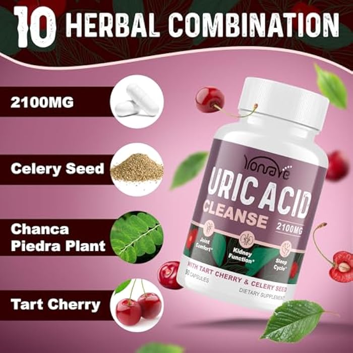 Yonrave Uric Acid Cleanse & Detox with Tart Cherry, Celery Seed Uric Acid Supplement – Uric Acid Levels, Joint, Kidney and Sleep – 90 Veggie Capsules（2 Bottle） - Image 4