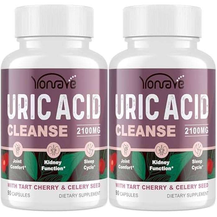 Yonrave Uric Acid Cleanse & Detox with Tart Cherry, Celery Seed Uric Acid Supplement – Uric Acid Levels, Joint, Kidney and Sleep – 90 Veggie Capsules（2 Bottle） - Image 1