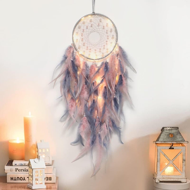 KHOYIME LED Dream Catcher Light Up Handmade Feather Dreamcatchers Boho Wall Hanging for Girls Kids Bedroom Bohemian Home Decor Wedding Ornament Craft Gift (Pink&Grey) - Image 1