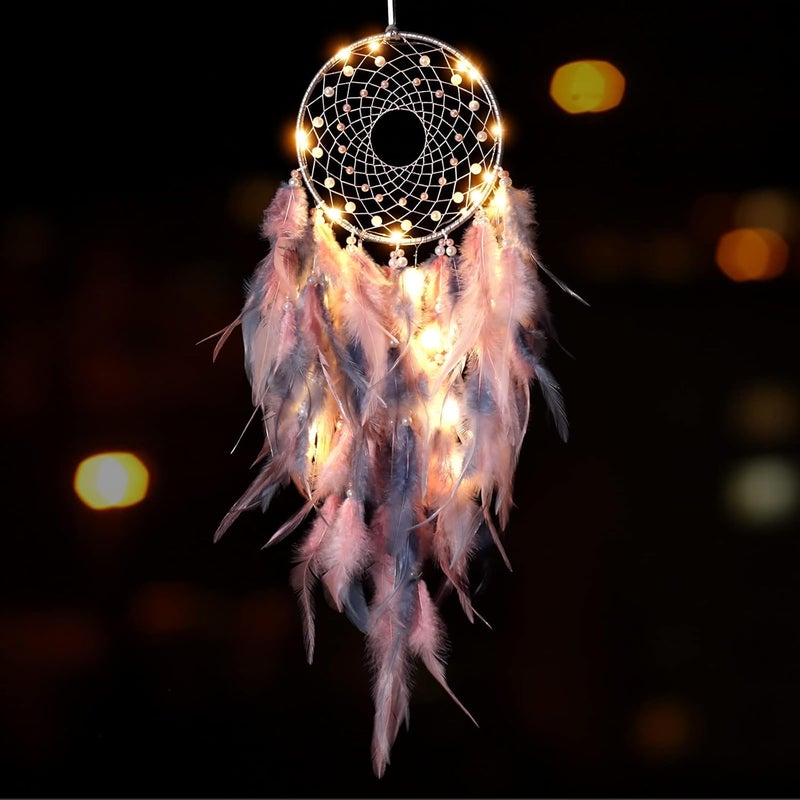 KHOYIME LED Dream Catcher Light Up Handmade Feather Dreamcatchers Boho Wall Hanging for Girls Kids Bedroom Bohemian Home Decor Wedding Ornament Craft Gift (Pink&Grey) - Image 2