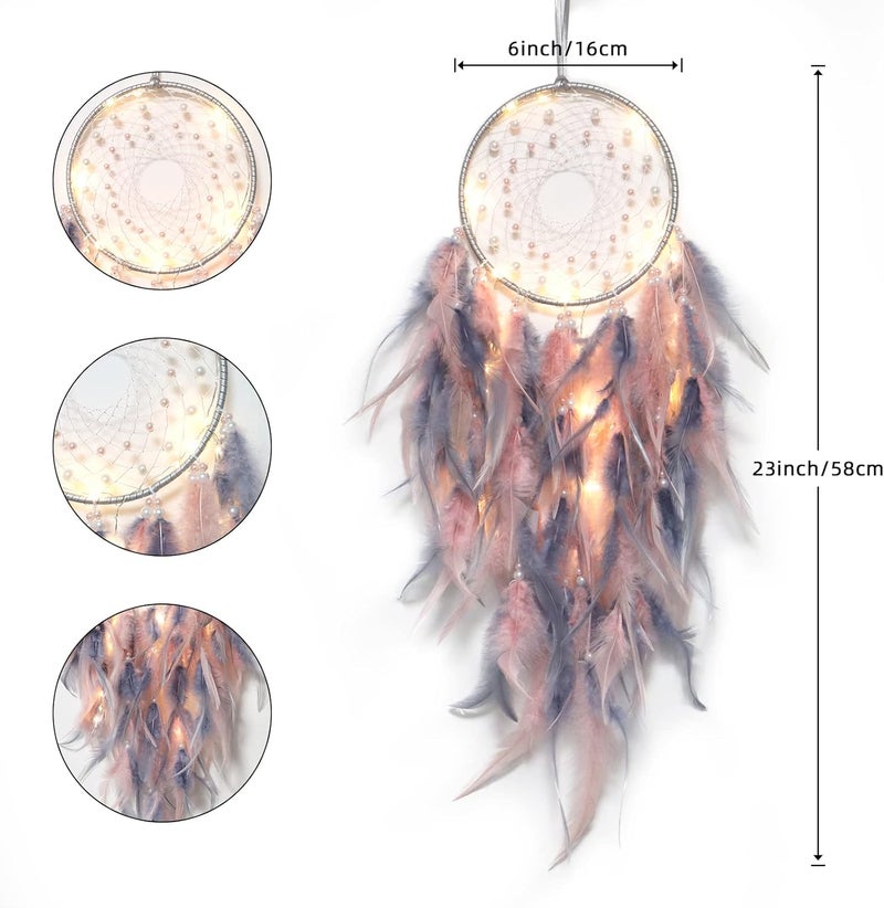 KHOYIME LED Dream Catcher Light Up Handmade Feather Dreamcatchers Boho Wall Hanging for Girls Kids Bedroom Bohemian Home Decor Wedding Ornament Craft Gift (Pink&Grey) - Image 3
