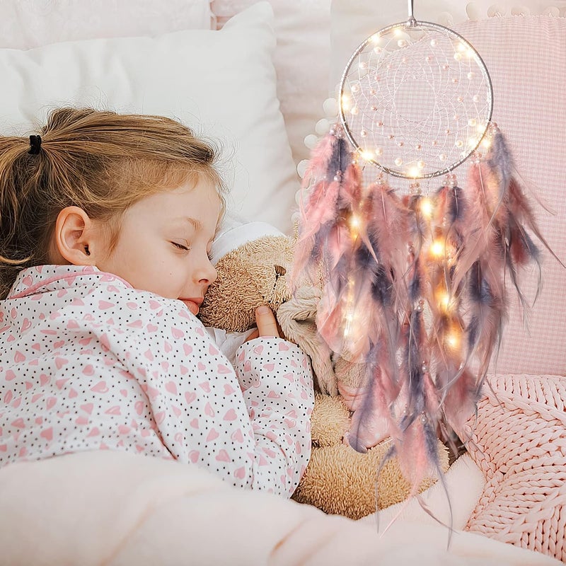 KHOYIME LED Dream Catcher Light Up Handmade Feather Dreamcatchers Boho Wall Hanging for Girls Kids Bedroom Bohemian Home Decor Wedding Ornament Craft Gift (Pink&Grey) - Image 5