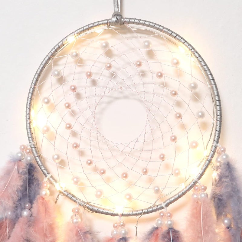 KHOYIME LED Dream Catcher Light Up Handmade Feather Dreamcatchers Boho Wall Hanging for Girls Kids Bedroom Bohemian Home Decor Wedding Ornament Craft Gift (Pink&Grey) - Image 4