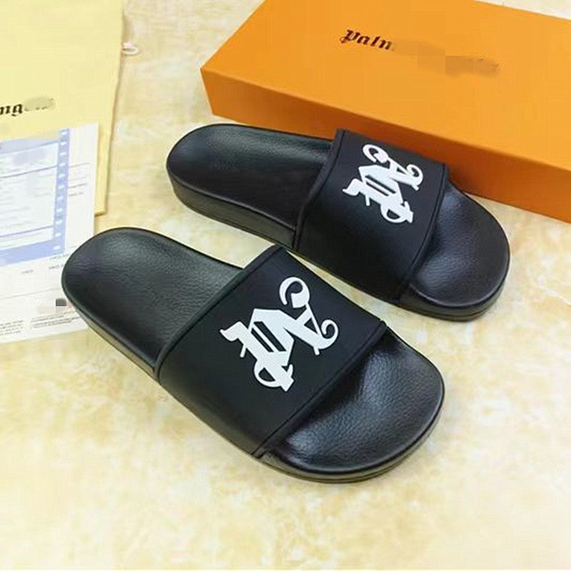 Cambodia Vietnam Nigeria high-end outdoor letter graffiti printed Palm Beach men and women angel flip-flops Black (single letter 