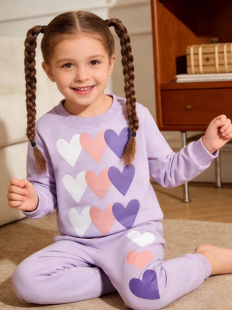 RETSUGO Little Girls Heart Outfit Kids Clothes Set Heart Print Holiday Sweatshirt and Sweatpants Toddler Girl Clothes Fall/Winter Girls Purple Outfits Size 7/6784 - Image 5