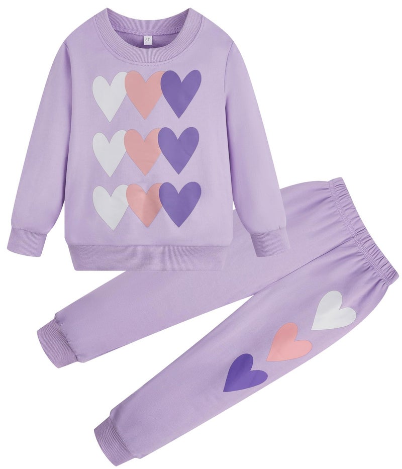 RETSUGO Little Girls Heart Outfit Kids Clothes Set Heart Print Holiday Sweatshirt and Sweatpants Toddler Girl Clothes Fall/Winter Girls Purple Outfits Size 7/6784 - Image 1