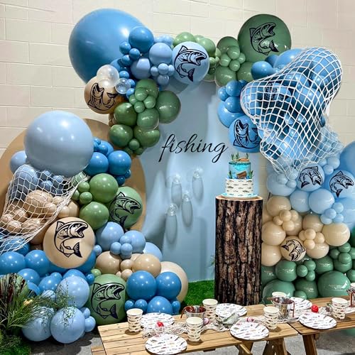 KDPATFAV 168 PCS Gone Fishing Balloon Garland arch kit Fishing theme Birthday balloons in Blue Green White Balloons for Under the Sea OFishally One Birthday retirement Party Decorations - Image 1
