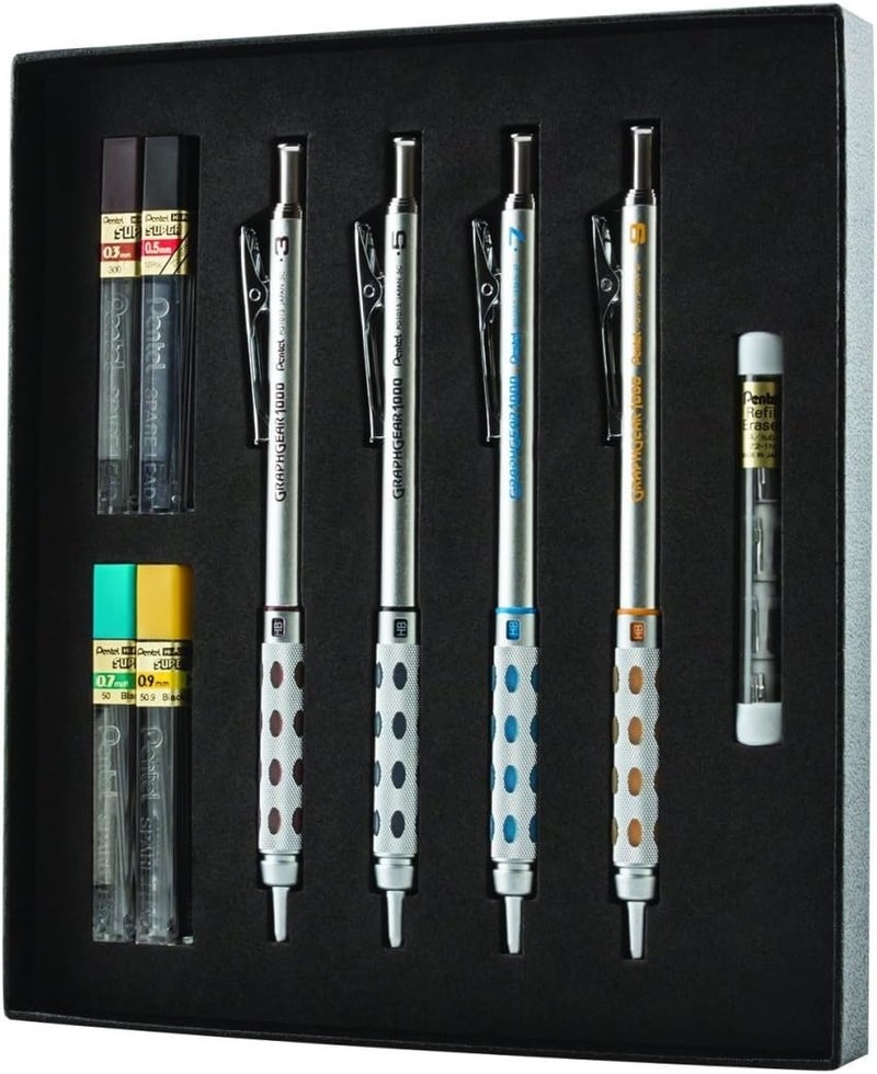 Arts GraphGear 1000 Premium Gift Set with Refill Leads & Erasers (PG1000BXSET), Black, 0.3mm, 0.5mm, 0.7mm, 0.9mm