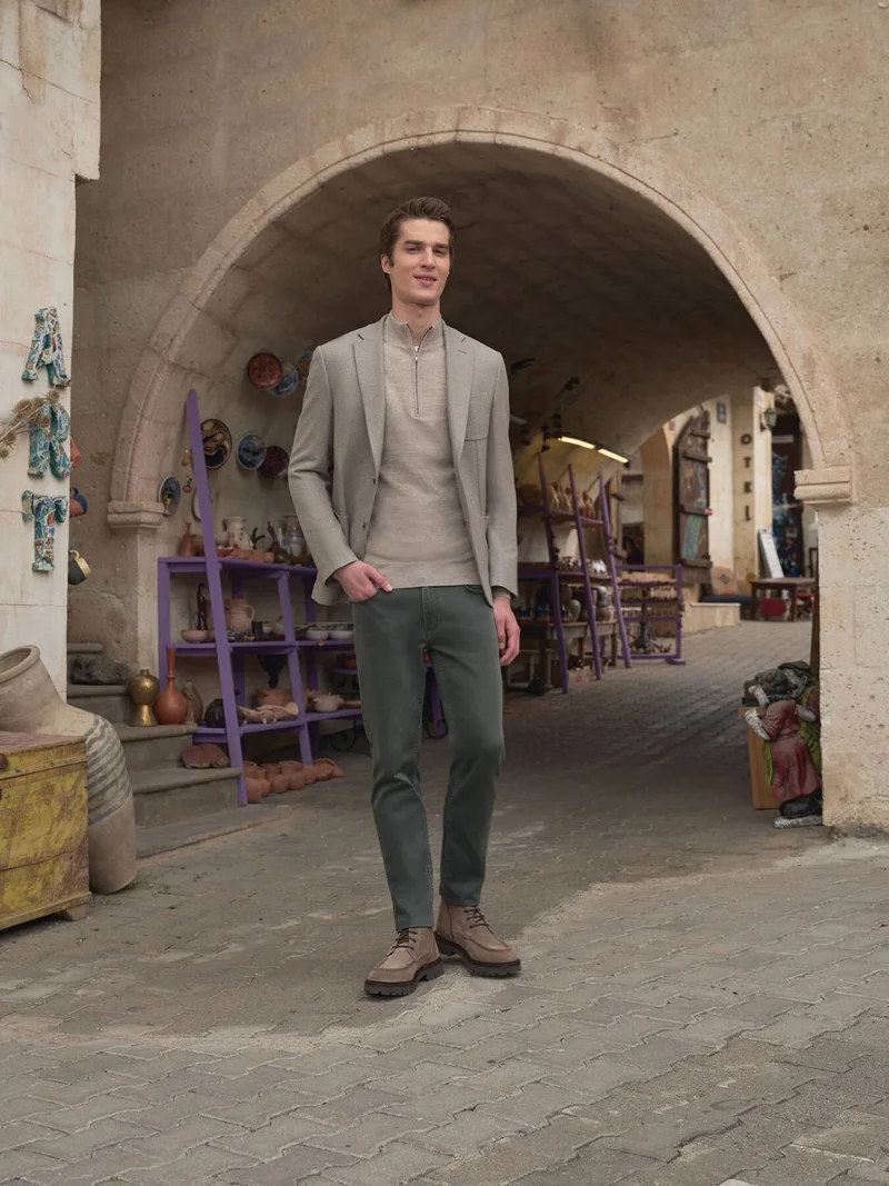 كيب Khaki Slim Fit Denim Cotton Blend Trousers