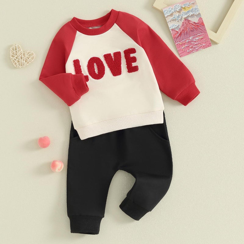 BeQeuewll Baby Boy Valentines Outfit Long Sleeve Love Sweatshirt Jogger Pants Set Toddler Boys Valentines Outfits (Love-Apricot, 12-18 Months) - Image 2