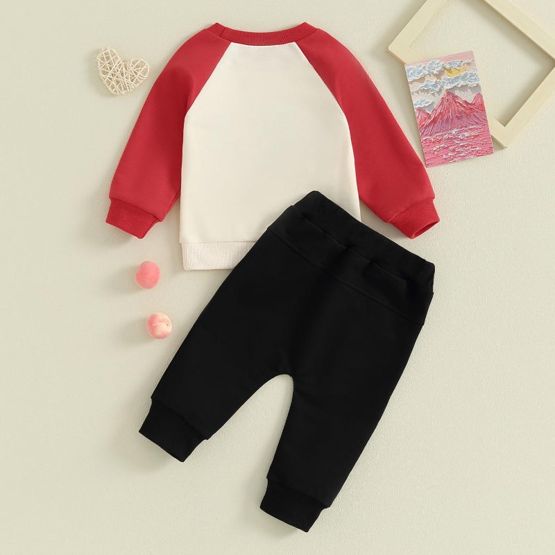 BeQeuewll Baby Boy Valentines Outfit Long Sleeve Love Sweatshirt Jogger Pants Set Toddler Boys Valentines Outfits (Love-Apricot, 12-18 Months) - Image 3