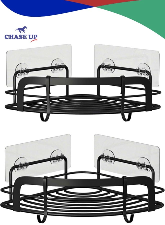 Chase Up Black Corner Shower Caddy Adhesive Shower Shelf US304 Stainless Steel Shower Wall Caddy Drill Free Corner Shelves for Shower with 4 Hooks Bathroom Corner Storage Organizer, 2 Pack