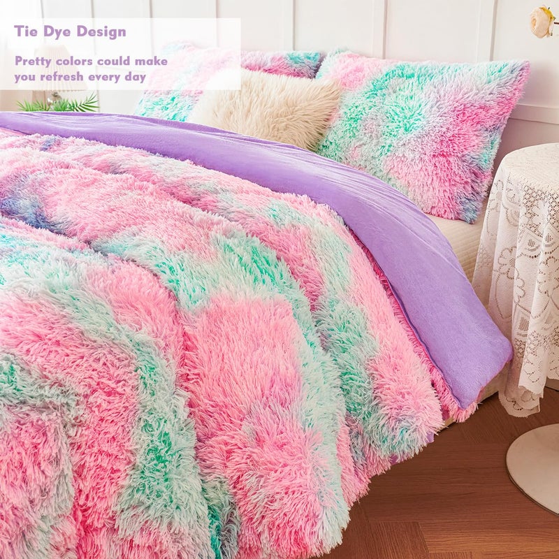 PERFEMET Fluffy Full Size Comforter Sets for Girls 3Pcs Luxury Soft Pink Blue Faux Fur Comforters for Kids Teens Warm Cozy Tie Dyed Velvet Fuzzy Plush Bedding Set(Pink Blue, Full) - Image 4