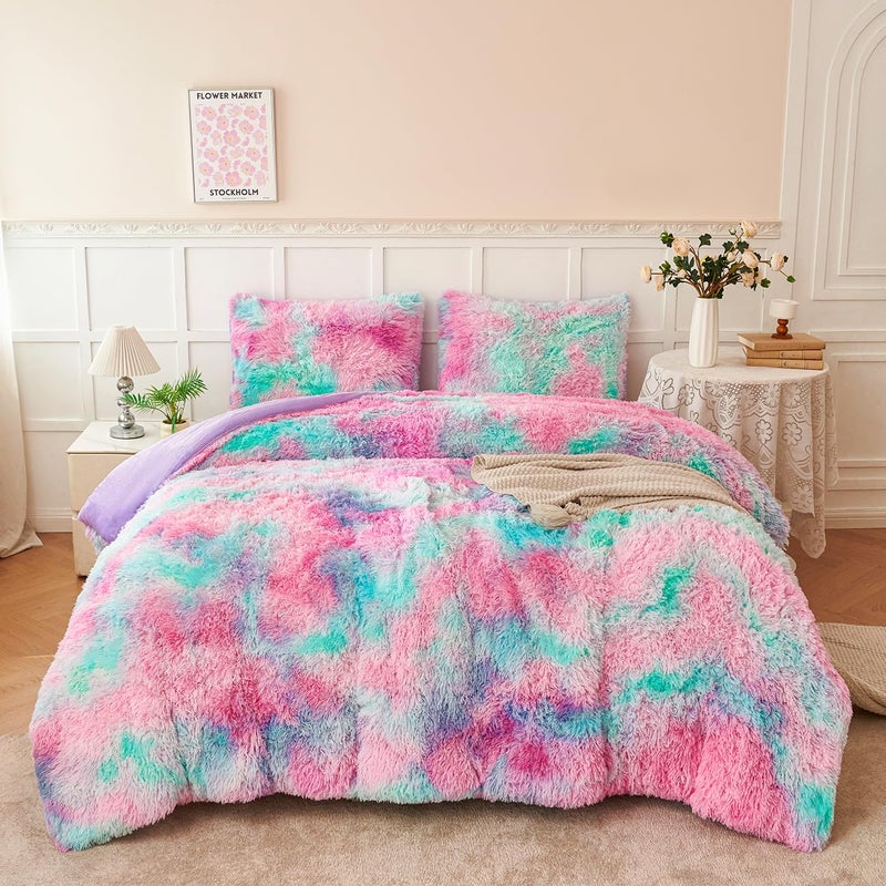 PERFEMET Fluffy Full Size Comforter Sets for Girls 3Pcs Luxury Soft Pink Blue Faux Fur Comforters for Kids Teens Warm Cozy Tie Dyed Velvet Fuzzy Plush Bedding Set(Pink Blue, Full) - Image 2