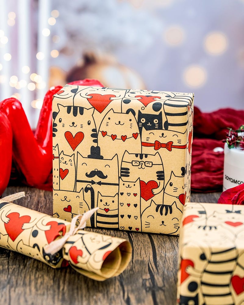 MAYPLUSS Valentines Day Wrapping Paper, Kraft Red Heart Wrap Paper Cute Cat Gift Wrapping Roll for Girl Anniversaries Romantic Celebration - Image 3