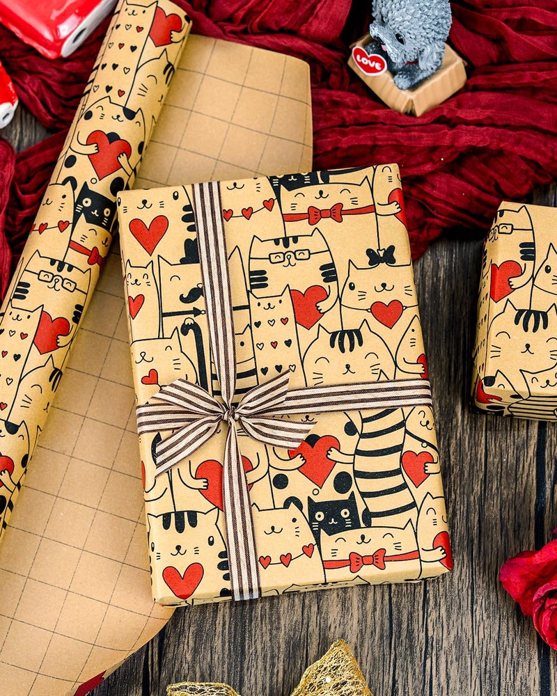 MAYPLUSS Valentines Day Wrapping Paper, Kraft Red Heart Wrap Paper Cute Cat Gift Wrapping Roll for Girl Anniversaries Romantic Celebration - Image 2
