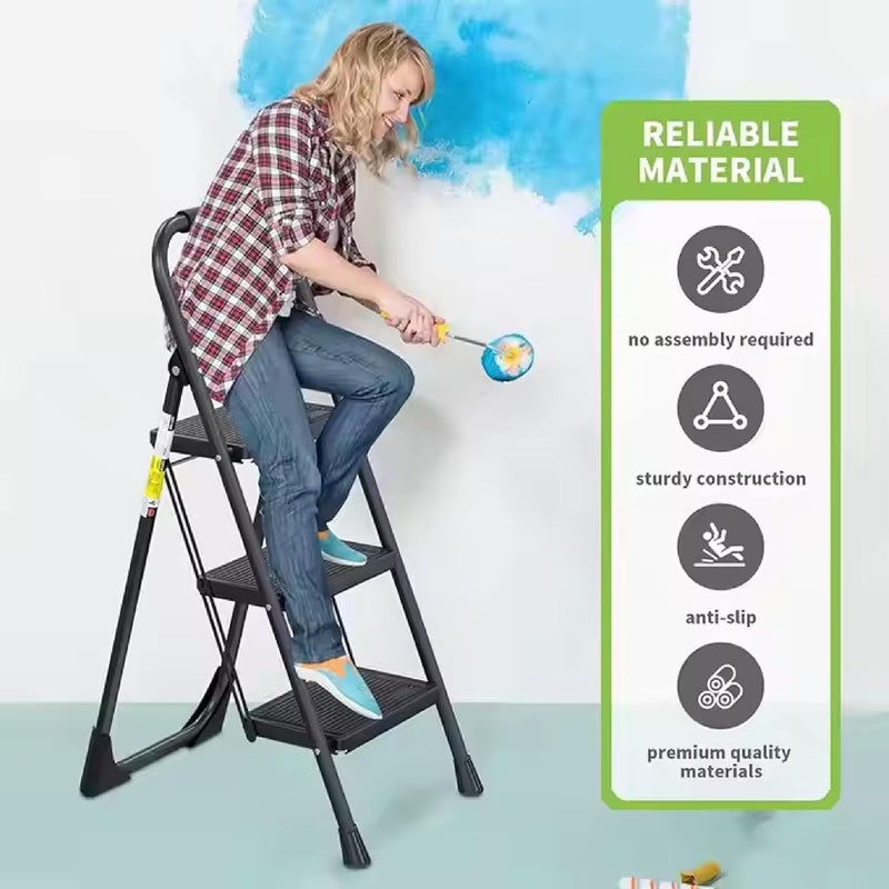 Jecrina سلم جيكرينا 3 خطوات مع مقبض سلم ثقيل الاستخدام سلم صناعي قابل للطي من الألمنيوم أو الفولاذ المعزز للاستخدام المنزلي بناء قوي للغاية - Image 5