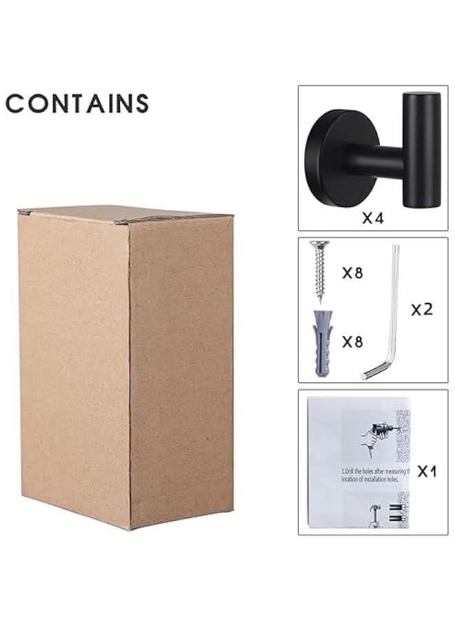 4 Pcs Wall Towel Hooks Coat Hook Bathroom Matte Black Robe Hook SUS 304 Stainless Steel Heavy Duty Door Hanger Towel Robe Clothes Cabinet Closet Sponges Hook for Bathroom Kitchen Pool (Black)
