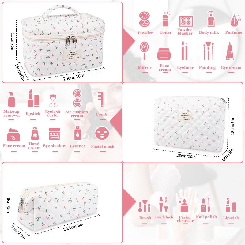 Gosect Large Makeup Bag Set, Quilted Makeup Bag, Floral Cosmetic Bag for Women, Cute Cotton Makeup Bags, Flower Travel Toiletry Organizer Bag (white) - Image 2