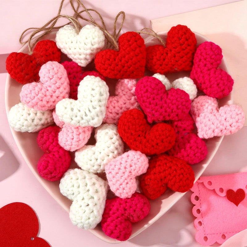 Jansun Jansan 24PCS Valentine's Day Heart Ornaments, 2.2 Inch Handmade Knitted Crochet Red Pink White Heart Tree Ornament for Vase Filler Valentine Gift Home Party Hanging Decoration - Image 1