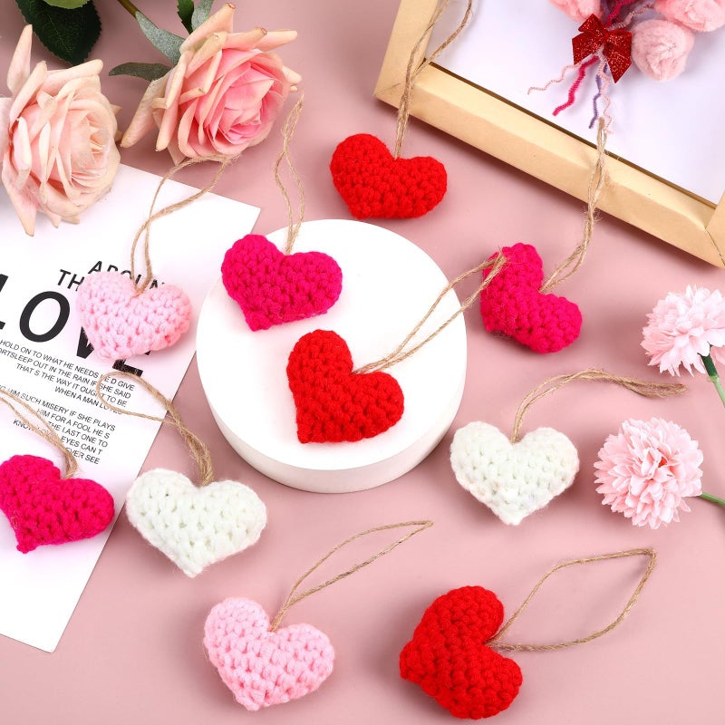 Jansun Jansan 24PCS Valentine's Day Heart Ornaments, 2.2 Inch Handmade Knitted Crochet Red Pink White Heart Tree Ornament for Vase Filler Valentine Gift Home Party Hanging Decoration - Image 4