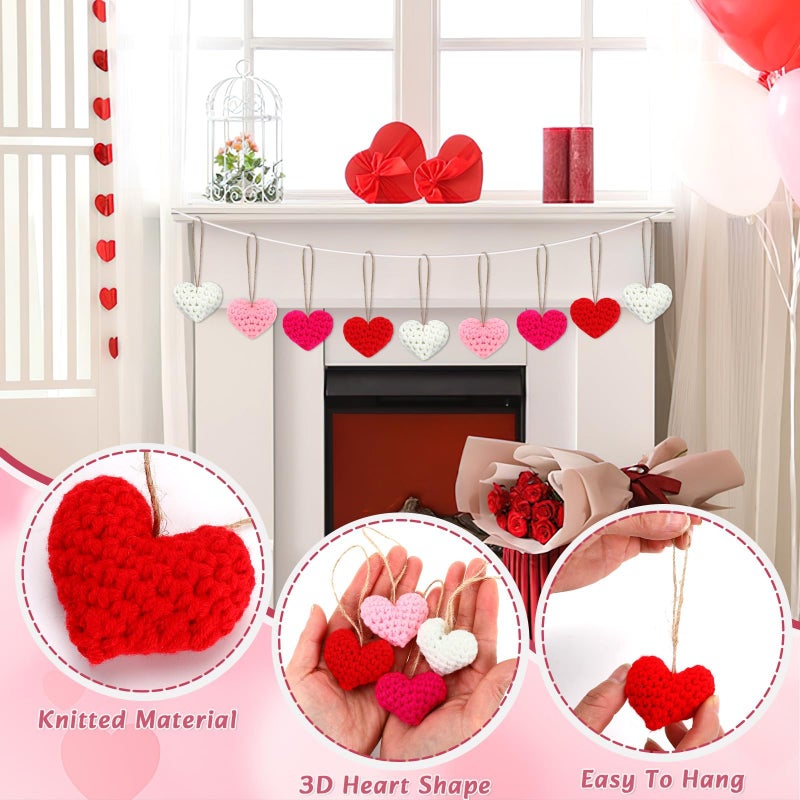 Jansun Jansan 24PCS Valentine's Day Heart Ornaments, 2.2 Inch Handmade Knitted Crochet Red Pink White Heart Tree Ornament for Vase Filler Valentine Gift Home Party Hanging Decoration - Image 3