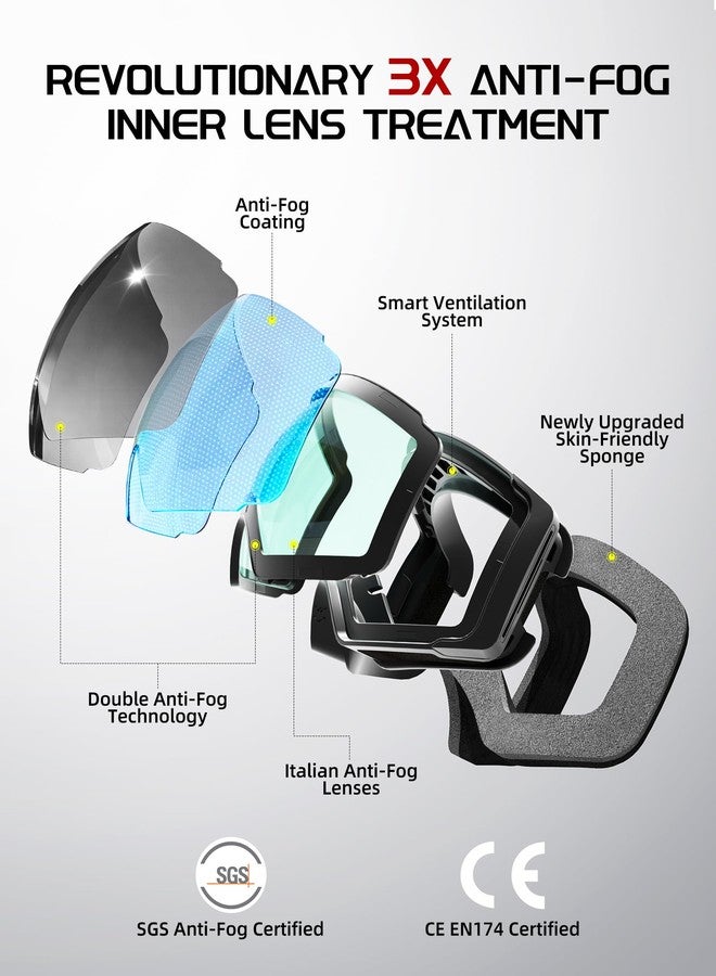 Innerking Ski Goggles, Interchangeable Magnetic Lens Snow Goggles, OTG Anti Fog Snowboarding Goggles for Women Men Adult Youth SGS Approved- Black Frame Silver 10% - Image 2