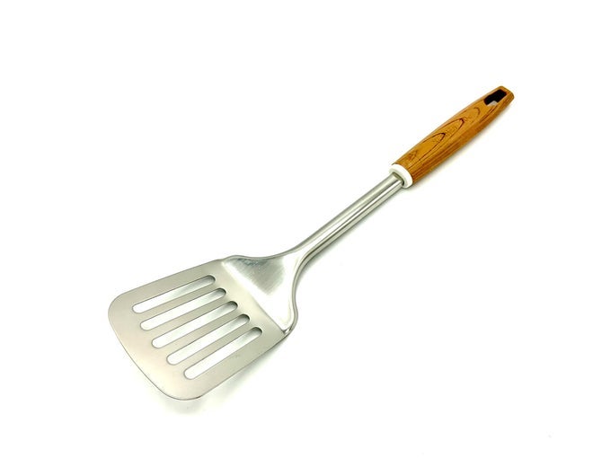 SPATULA SLOTTED TURNER STAINLESS STEEL WITH NYLON WOOD EFFECT HANDLE STRONG AND DURABLE SPATULA COOKING TURNER SLOTTED TURNER MULTIUSE KITCHEN TOOL