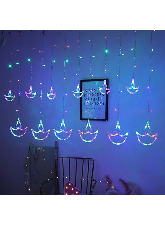 XERGY Multicolor Diya Shape Diwali String Curtain Light, Led String Copper Lights with 12 Pcs Hanging Diyas, 8 Flashing Modes for Home Indoor Outdoor Wedding Decoration, Prong Base, 2.6 Meters - Image 1