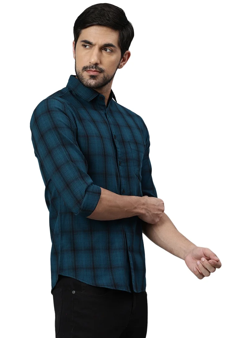 Dennis Lingo Slim Fit Teal Blue Men's Solid Shirt, Spread Collar, Full Sleeves, 100% Cotton,