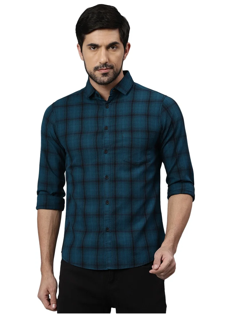 Dennis Lingo Slim Fit Teal Blue Men's Solid Shirt, Spread Collar, Full Sleeves, 100% Cotton,