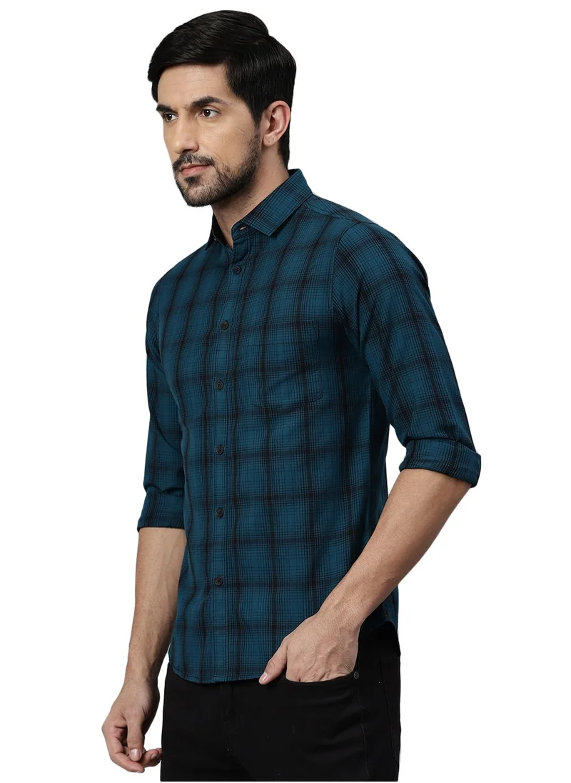 Dennis Lingo Slim Fit Teal Blue Men's Solid Shirt, Spread Collar, Full Sleeves, 100% Cotton,