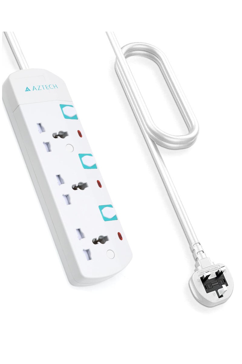 Aztech كابل تمديد كهربائي 3 طرق 3M 3250W مع 3 مآخذ عالمية ومفاتيح فردية ومؤشرات LED معتمد من ECAS - Image 1