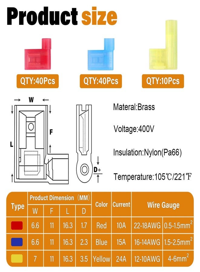 JTAREA Insulated Female Flag Connector 90 Degrees Nylon Quick Electrical Connectors Electrical Terminals 22-18 16-14 12-10 AWG Quick Electrical Connectors (Red 40 Blue 40 Yellow 10) - Image 2