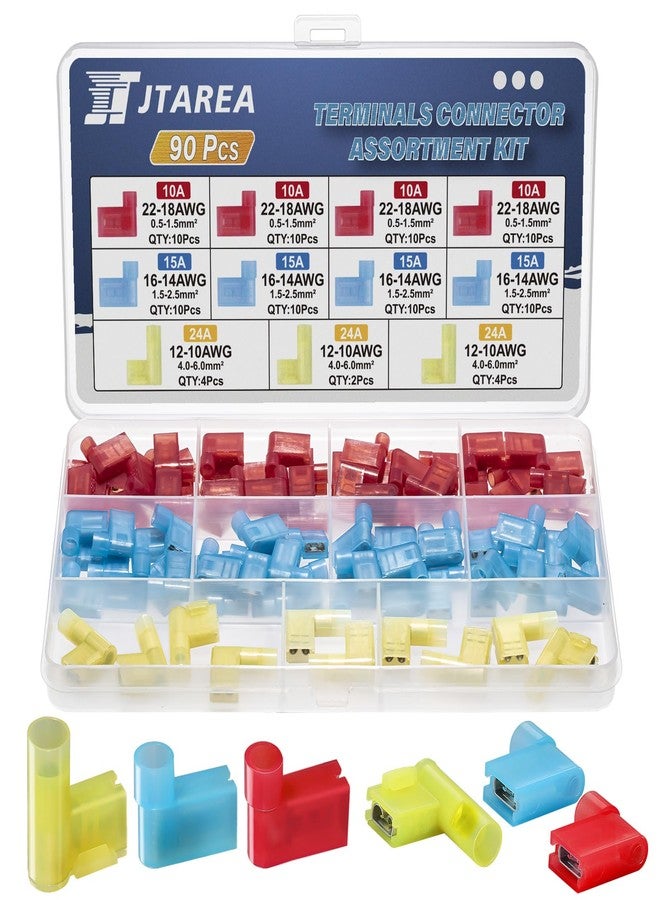 JTAREA Insulated Female Flag Connector 90 Degrees Nylon Quick Electrical Connectors Electrical Terminals 22-18 16-14 12-10 AWG Quick Electrical Connectors (Red 40 Blue 40 Yellow 10) - Image 1