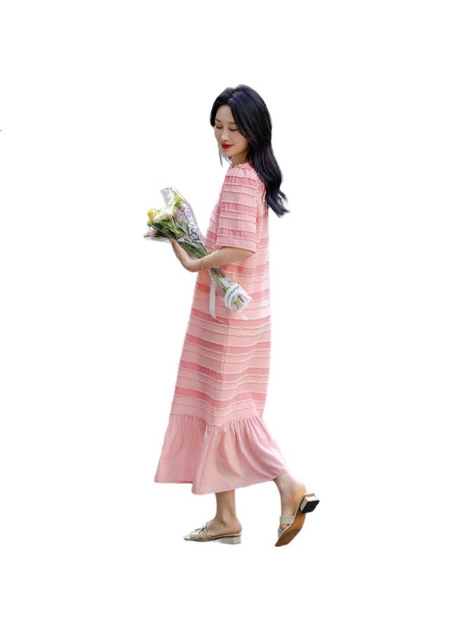 dme Round Neck Texture Lazy Striped Sweet Age-Reducing Knitted Dress Women'S Medium-Length Light Pink L - Image 3