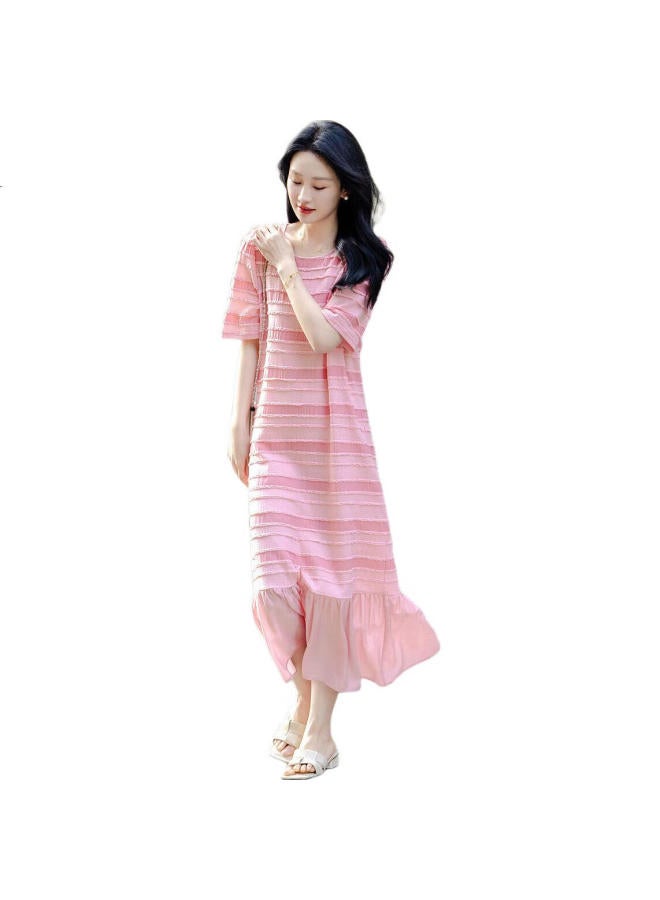 dme Round Neck Texture Lazy Striped Sweet Age-Reducing Knitted Dress Women'S Medium-Length Light Pink L - Image 2