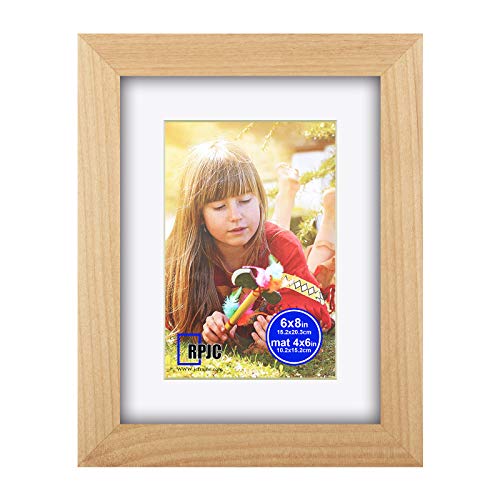 RPJC 6x8 inch Picture Frame Made of Solid Wood and High Definition Glass Display Pictures 4x6 with Mat or 6x8 Without Mat for Wall Mounting Photo Frame Natural - Image 1