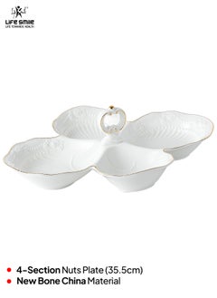 Life Smile LIFE SMILE Four Section Serving Dish with Center Handle - Large White Bone China Tray for Desserts, Cakes, Salads & Appetizers with Gold Trim  - Image 2