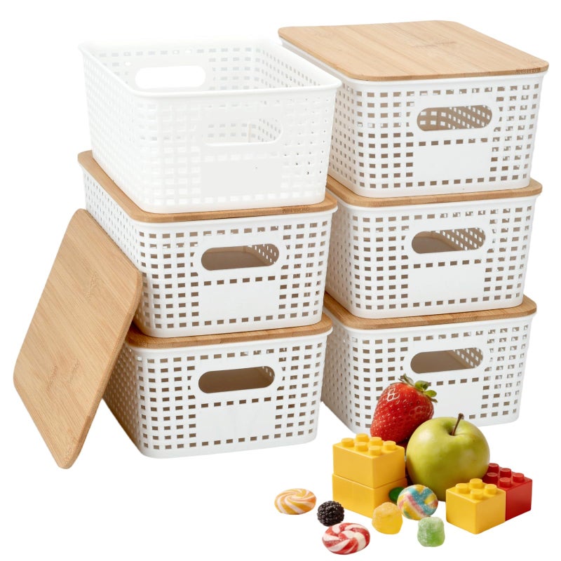 LYHLYA Stackable Storage Bins with Bamboo Lids, 6-Pack, BPA-Free Plastic, 5.1 Qt Capacity, Side Handle, 10x7.2x4.13 Inch, for Home Organization - Image 1
