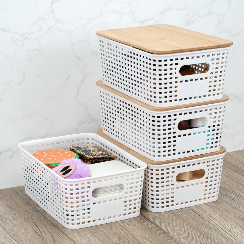 LYHLYA Stackable Storage Bins with Bamboo Lids, 6-Pack, BPA-Free Plastic, 5.1 Qt Capacity, Side Handle, 10x7.2x4.13 Inch, for Home Organization - Image 4
