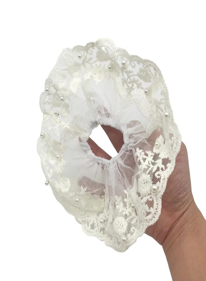 BLBM A Large-Diameter White Embroidered Lace Hair Scrunchie that Won't Damage Your Hair, Adorned with Imitation Pearl Decorations. - Image 2
