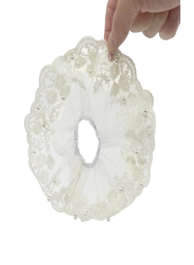 BLBM A Large-Diameter White Embroidered Lace Hair Scrunchie that Won't Damage Your Hair, Adorned with Imitation Pearl Decorations. - Image 1