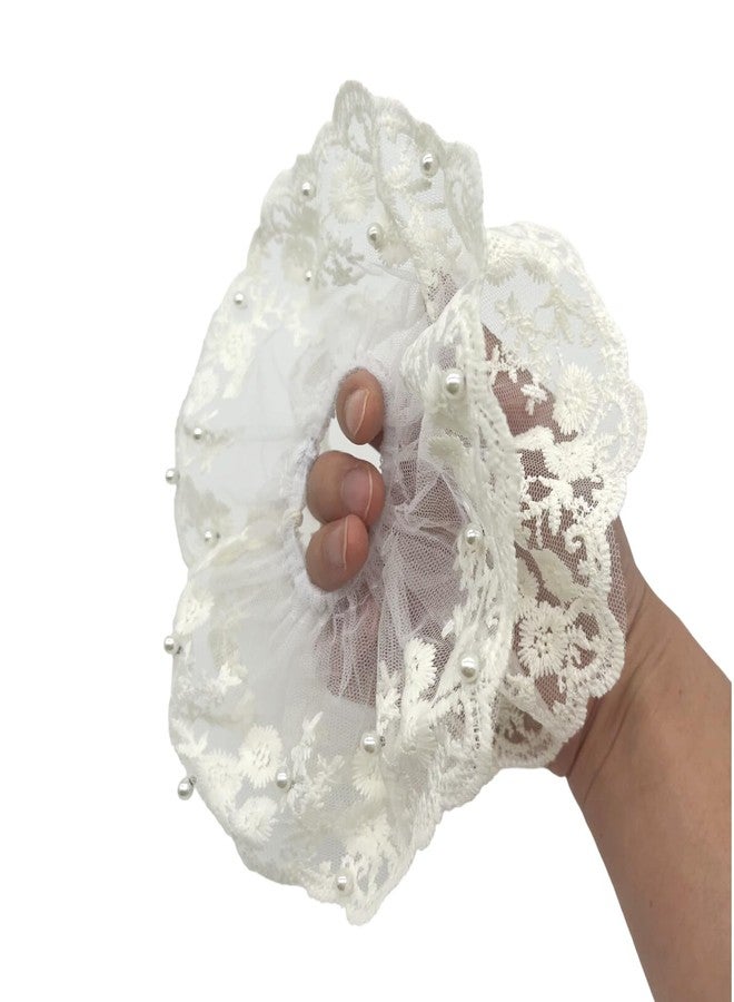 BLBM A Large-Diameter White Embroidered Lace Hair Scrunchie that Won't Damage Your Hair, Adorned with Imitation Pearl Decorations. - Image 3