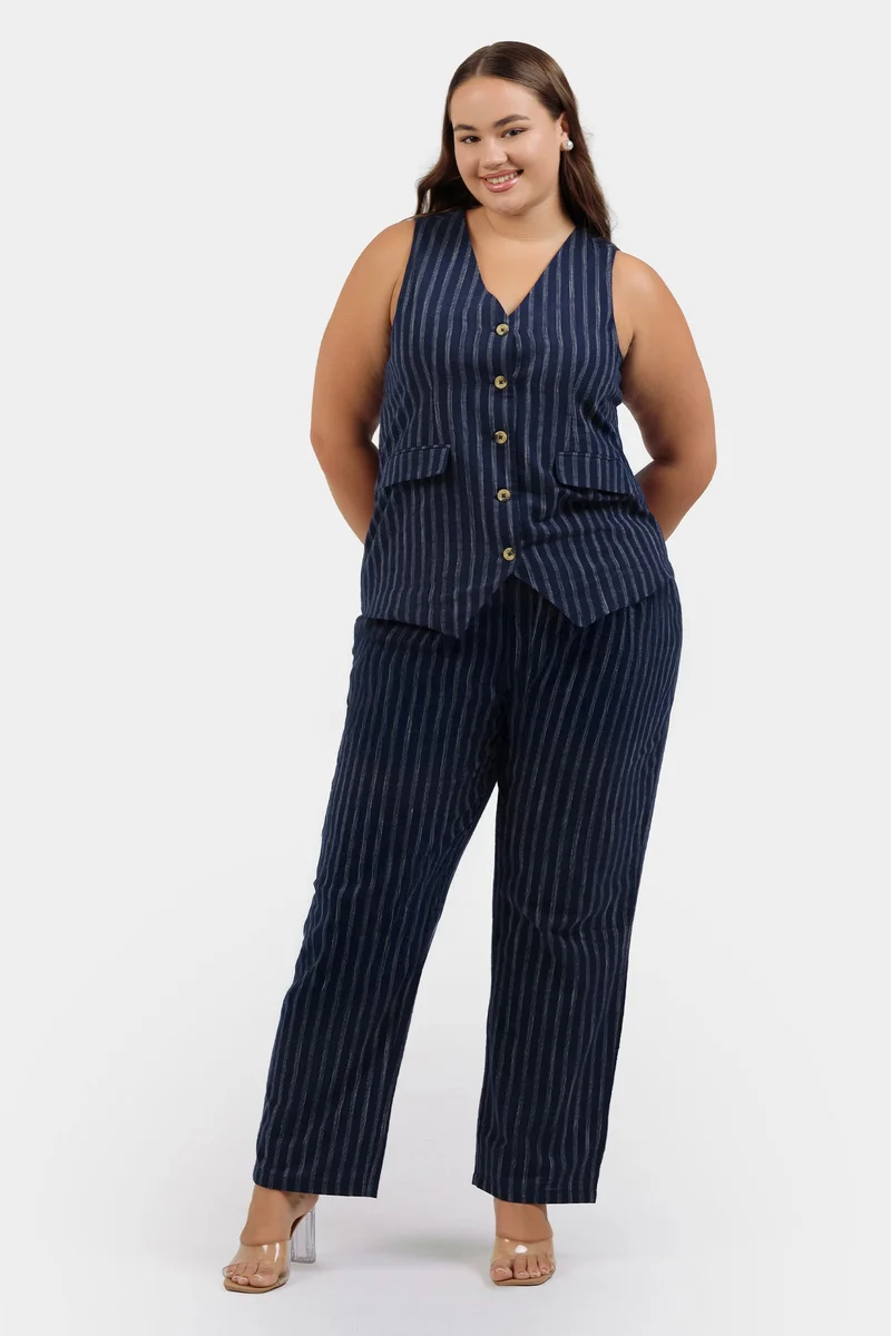 فيرجيو Stripes Cotton Straight Leg Work Plus Size Trousers for Women