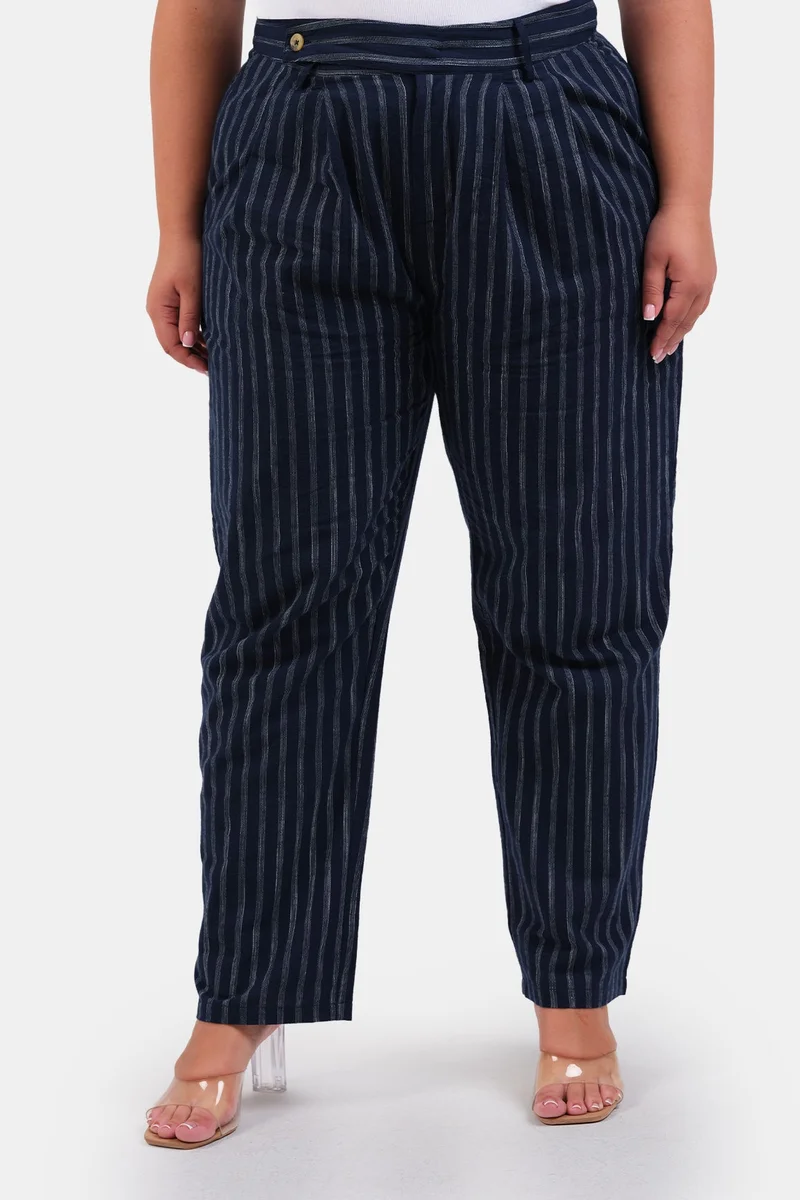فيرجيو Stripes Cotton Straight Leg Work Plus Size Trousers for Women